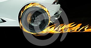 Beautiful white sport car in fire black on background