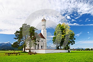 Beautiful white St. Coloman pilgrimage church, located near famous Neuschwanstein castle, Germany.