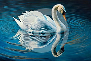 Beautiful White swan in bluish clear water lake in golden hour having mirror reflection and ripples. Generative AI