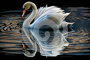 Beautiful White swan in bluish clear water lake in golden hour having mirror reflection and ripples. Generative AI