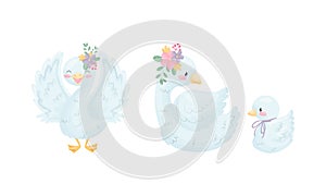 Beautiful White Swan or Goose with Floral Adornment Vector Set