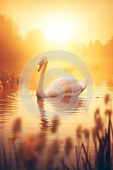beautiful white swan swimming at lake or pond water in morning mist, serene bird at river in fog at sunset or sunrise
