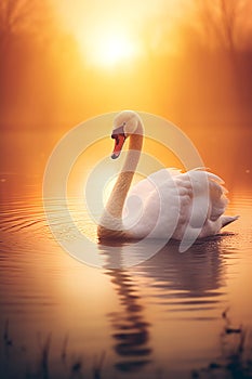 beautiful white swan swimming at lake or pond water in morning mist, serene bird at river in fog at sunset or sunrise