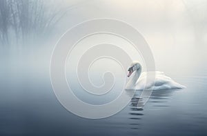 beautiful white swan swimming at lake or pond water in morning mist, serene bird at river in fog at sunset or sunrise