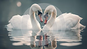 Beautiful white swans swimming in the lake. Two swans are reflected in water.