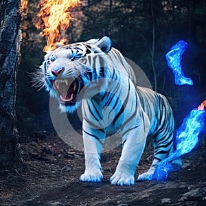 Beautiful white tiger with blue fire flames in the dark forest