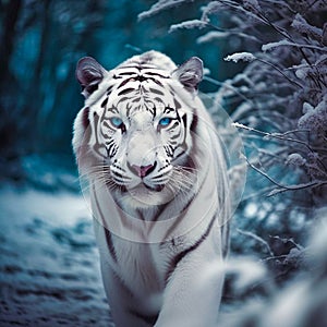 Beautiful white tiger roaming in snow jungle havin,