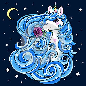 Beautiful white unicorn with a blue, long mane. Mythical animal. Vector