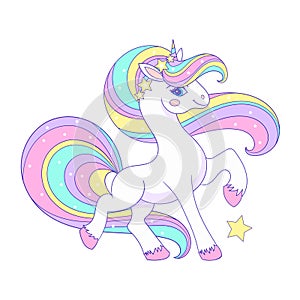 Beautiful white unicorn with a rainbow mane. Vector illustration