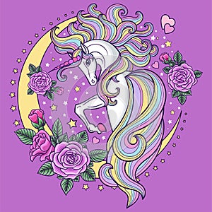 A beautiful, white unicorn with roses and a crescent moon. Cute girly style. Vector illustration