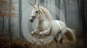 A beautiful white unicorn is running gracefully through a beautiful misty forest. Its horn is shiny. Generative AI Illustration photo