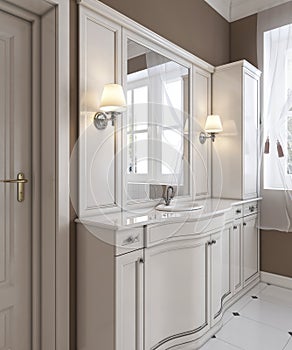 Beautiful white vanity, contemporary classic styled clean white bathroom