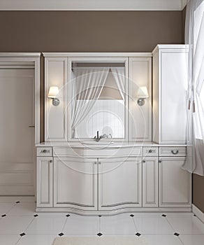 Beautiful white vanity, contemporary classic styled clean white bathroom