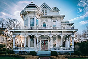 A beautiful white victorian house with red doors