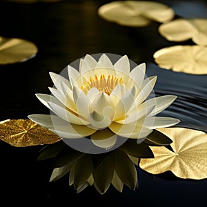 Beautiful white water lily on dark water surface with green leaves