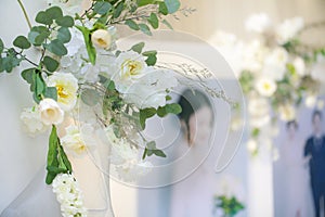 Beautiful white wedding backdrop with white flower. Wedding decor ,copy space.