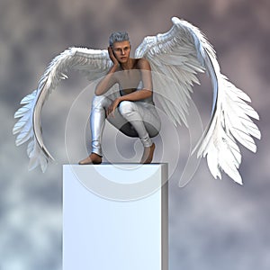 Beautiful white winged angel on a podium looking into the distance