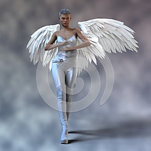 Beautiful white winged angel walking