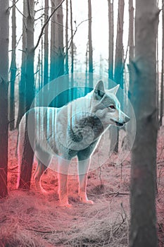 Beautiful white wolf in the forest at sunset. 3D rendering