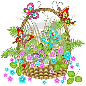 Beautiful wicker basket full of forest plants. Delicate flowers, charming butterflies flutter over them. Vector illustration