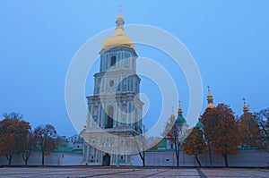 Beautiful wide-angle landscape photo of ancient Saint Sophia Cathedral against rainy sky. Christian orthodox cathedral