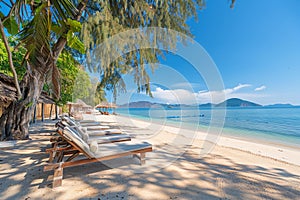 A beautiful wide open sandy beach with beach beds, summer concept