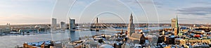 Beautiful wide panorama old town of Riga, Latvia. Aerial View from St. Peter`s Church