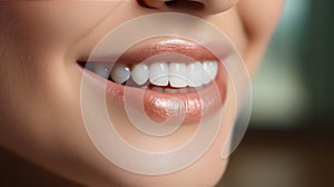 Beautiful wide smile of young fresh woman with great healthy white teeth whitening. Close up Dental image symbolizes oral care