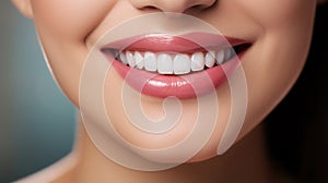 Beautiful wide smile of young fresh woman with great healthy white teeth whitening. Close up Dental image symbolizes oral care