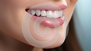 Beautiful wide smile of young fresh woman with great healthy white teeth whitening. Close up Dental image symbolizes oral care