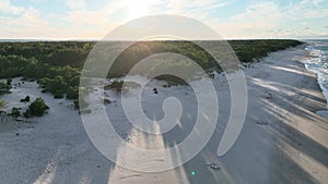 Beautiful wild beaches in Hel Wild beach in baltic sea. Aerial drone view of Hel Peninsula in Poland,