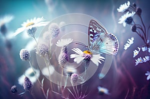 Beautiful wild flowers and butterfly in morning in nature close-up. Cool blue tones. Generative AI.