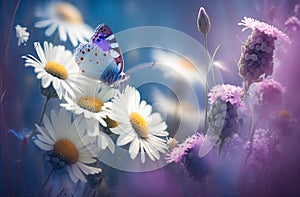 Beautiful wild flowers and butterfly in morning in nature close-up. Cool blue tones. Generative AI.