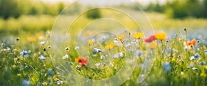 Beautiful wild flowers in a meadow, nature landscape, copy space