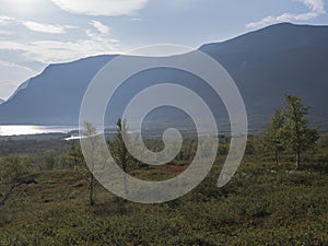 Beautiful wild Lapland nature landscape with STF Kaitumjaure Mountain cabin hut, lake, birch tree forest and mountains. Northern S