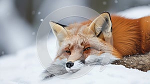 Beautiful Wild Red Fox Close Up in A Snowy Scenery