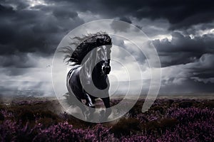 beautiful wild shiny black stallion horse