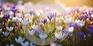 Beautiful wild spring crocuses flowers on field, on sunny day.