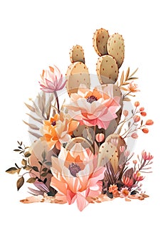 Beautiful Wild West Desert boho floral composition arrangement with cactus and flowers. Watercolor bohemian desert flora