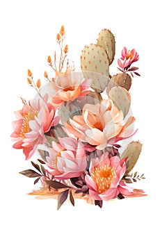 Beautiful Wild West Desert boho floral composition arrangement with cactus and flowers. Watercolor bohemian desert flora