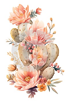 Beautiful Wild West Desert boho floral composition arrangement with cactus and flowers. Watercolor bohemian illustration isolated