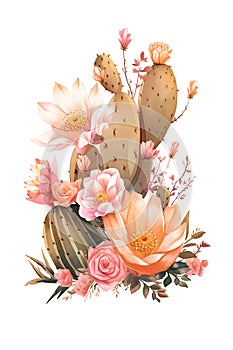 Beautiful Wild West Desert boho floral composition arrangement with cactus and flowers. Watercolor illustration isolated on white