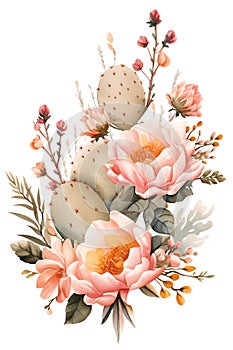 Beautiful Wild West Desert boho floral composition arrangement with cactus and flowers. Watercolor illustration isolated on white
