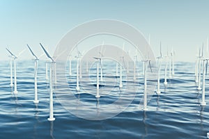 Beautiful the wind turbines in sea, ocean. Clean energy, wind energy, ecological concept. 3d rendering