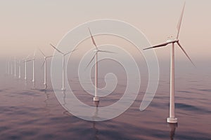 Beautiful the wind turbines in sea, ocean. Clean energy, wind energy, ecological concept. 3d rendering