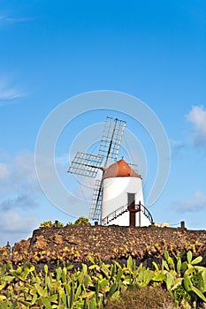 Beautiful windmill under blue sky in lanzarote