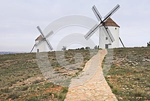 Beautiful windmills in Mota del Cuervo town, in Spain