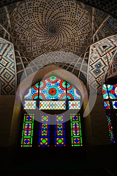 Beautiful window and ceiling of Nasir al-Mulk Mosque, Shiraz, Ir