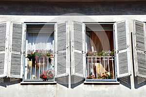 Beautiful window with flower box and shutters