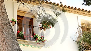 Beautiful window with red flowers. Spain, Altea